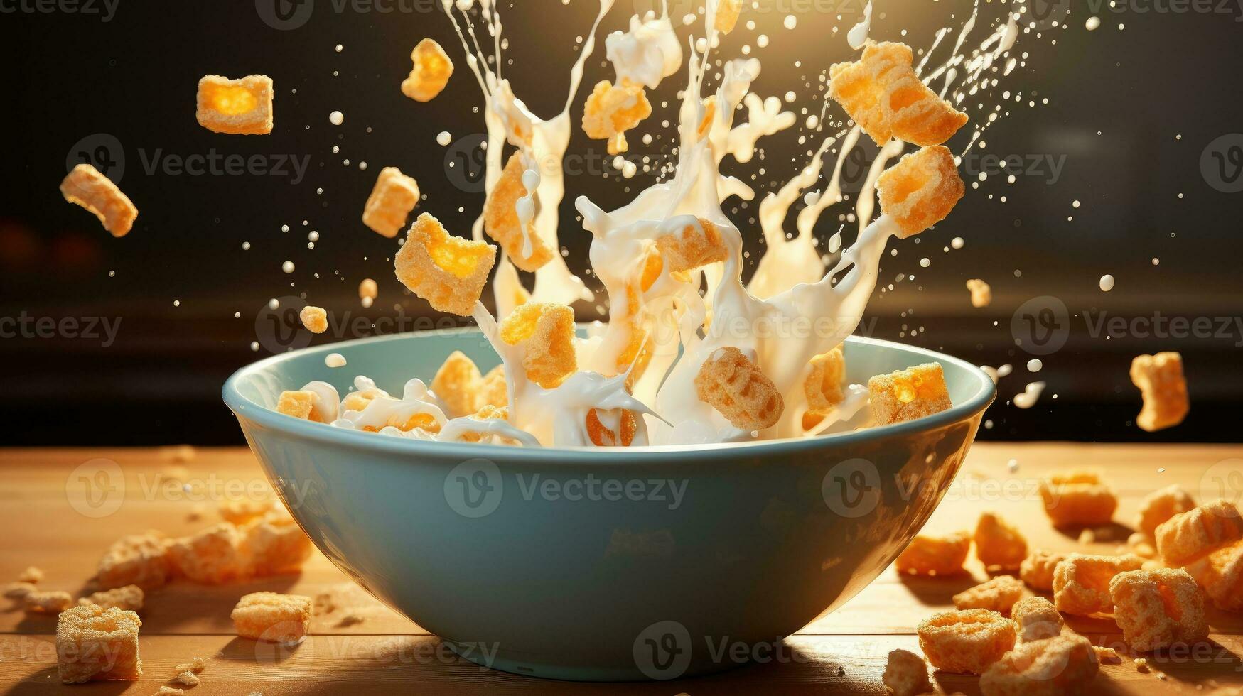 A bowl of milk with cereal falling into it AI Generated photo
