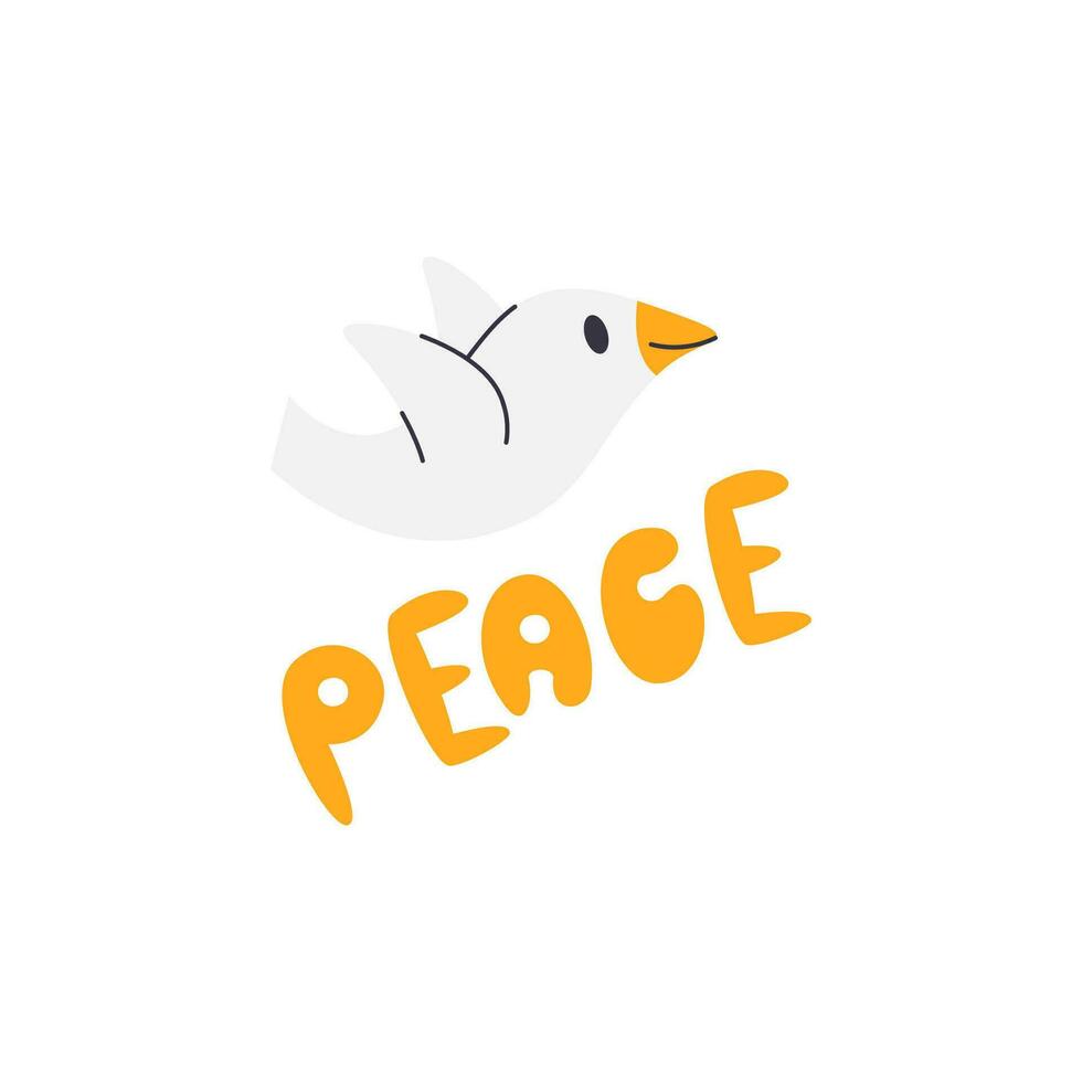 Peace handwritten lettering isolated on white. International or world peace day with dove. Friendship symbol concept. Typography t shirt print design. Bird emblem hand drawn flat vector illustration