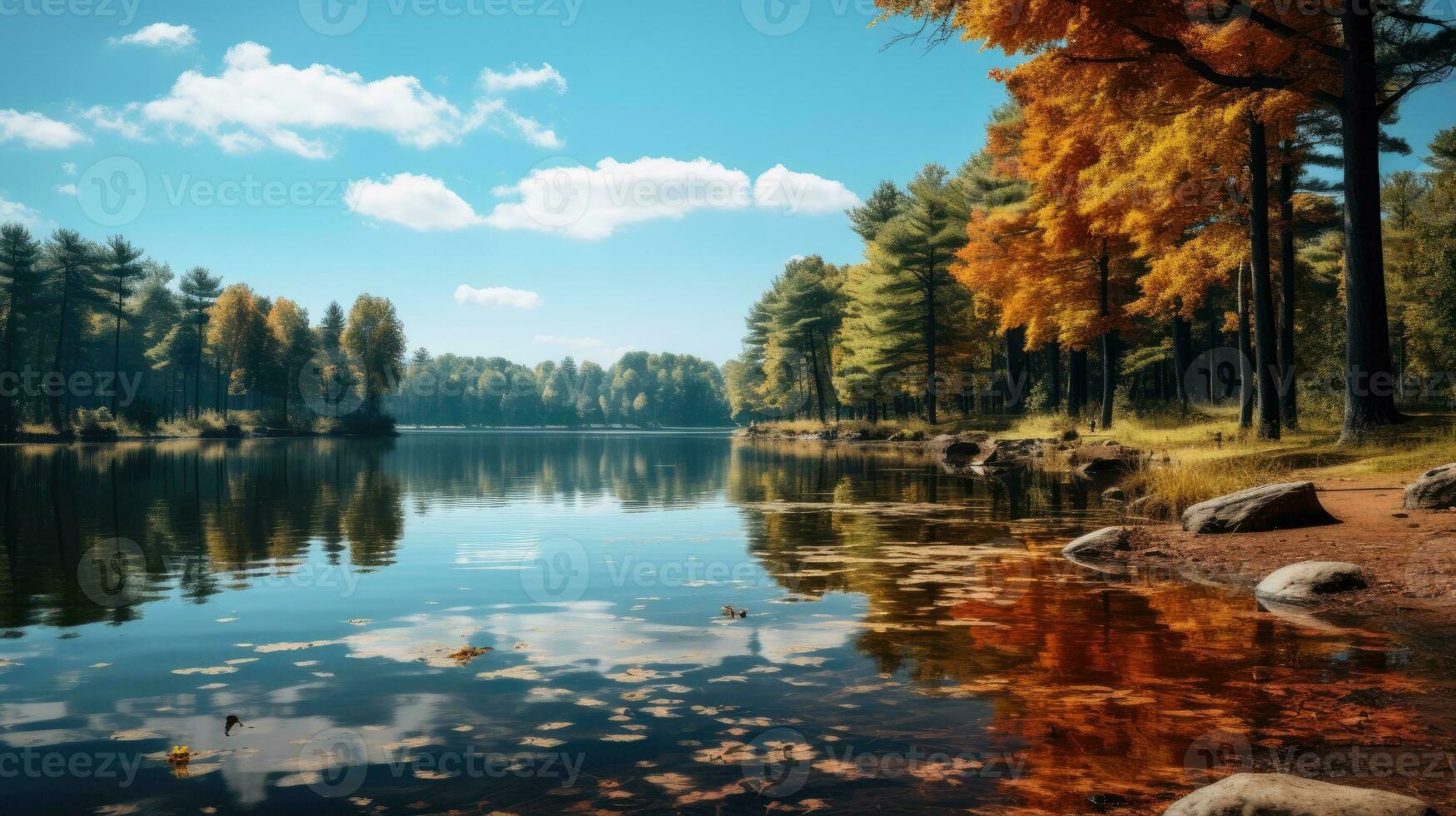 Beautiful lake with trees and blue sky AI Generated photo