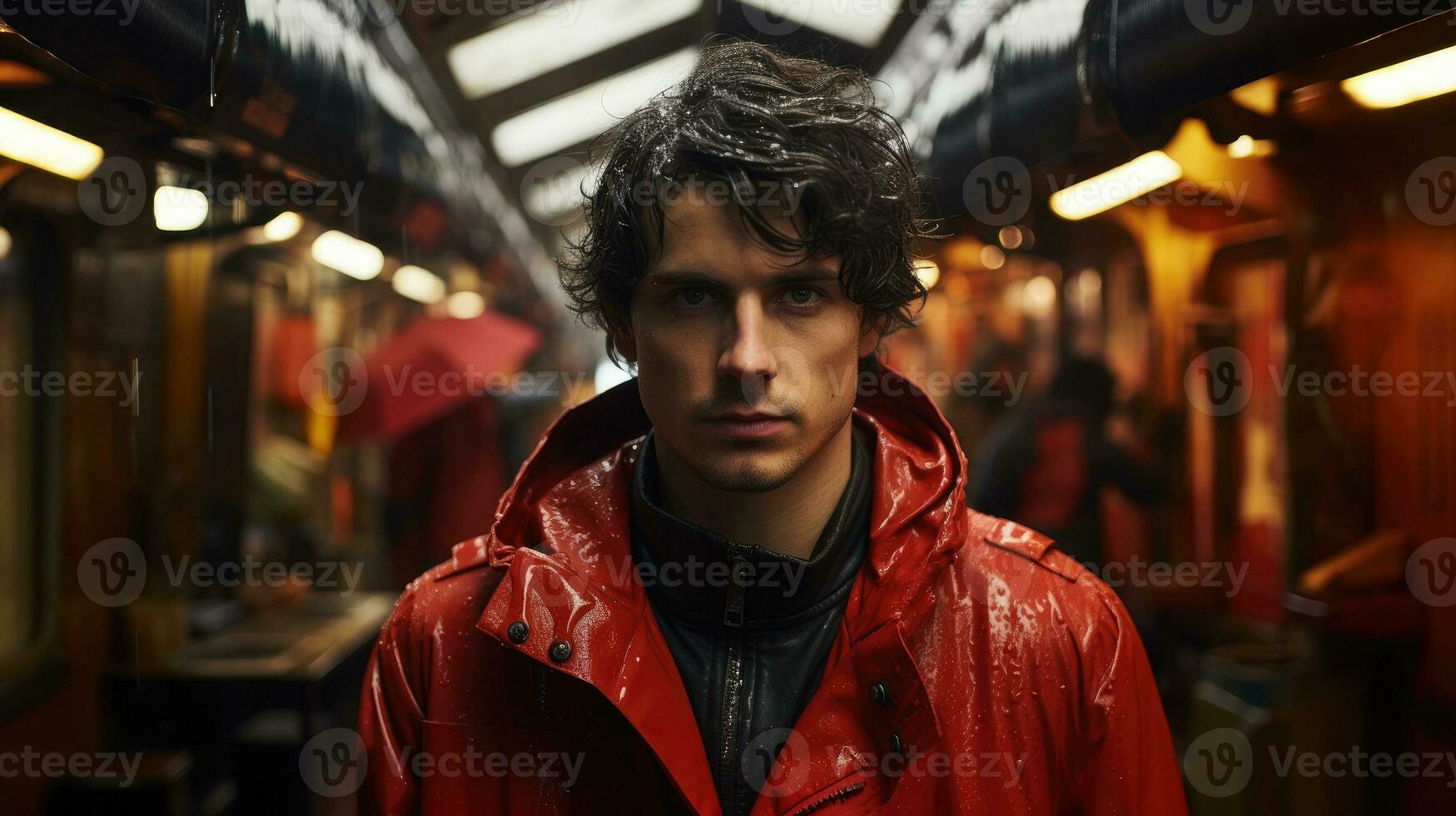 A man in a red rain coat AI Generated photo