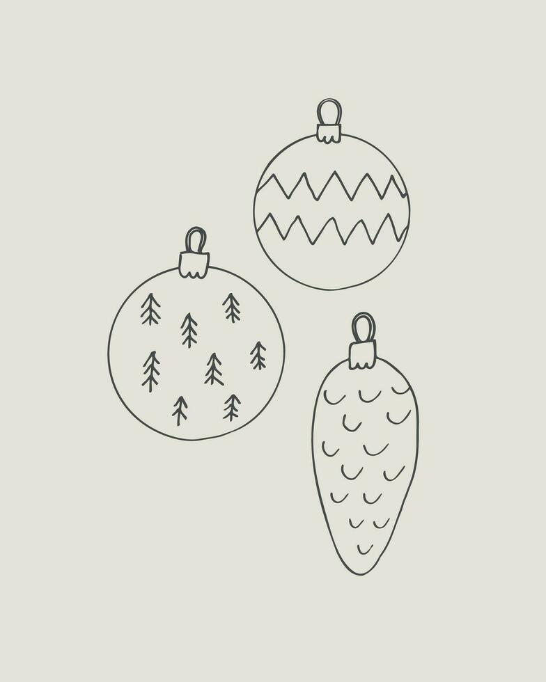 Christmas toys for congratulations Happy New Year minimalist style vector illustration. Ink drawn festive template for congratulations on winter holidays. Boho style background design element