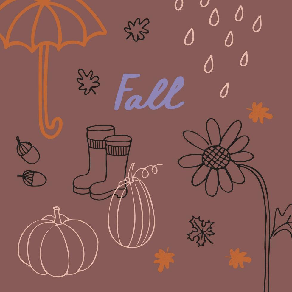 Autumn ornament vector illustration hand drawn background. Drawn in  boho style umbrella, pumpkins, chestnut, rain, autumn, leaves, sunflower rubber boots and the inscription Fall, festive template