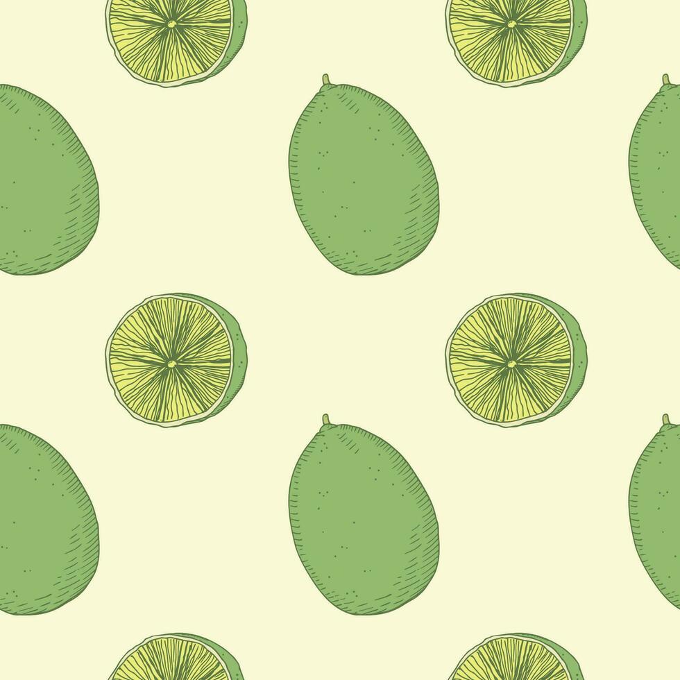 Seamless pattern with lime hand drawn engraving vector illustration. Repeating background with citrus fruits. Decorative ornament  boho style design element for print, wrapping, paper, fabric, label