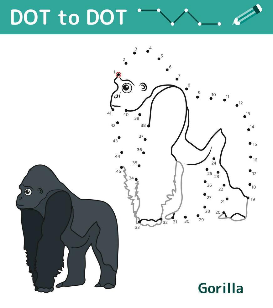 Dot to dot. Numbers game. Education math game for children. Drawing task for kids. Colored worksheet with cute cartoon gorilla. Leisure games. Vector illustration.
