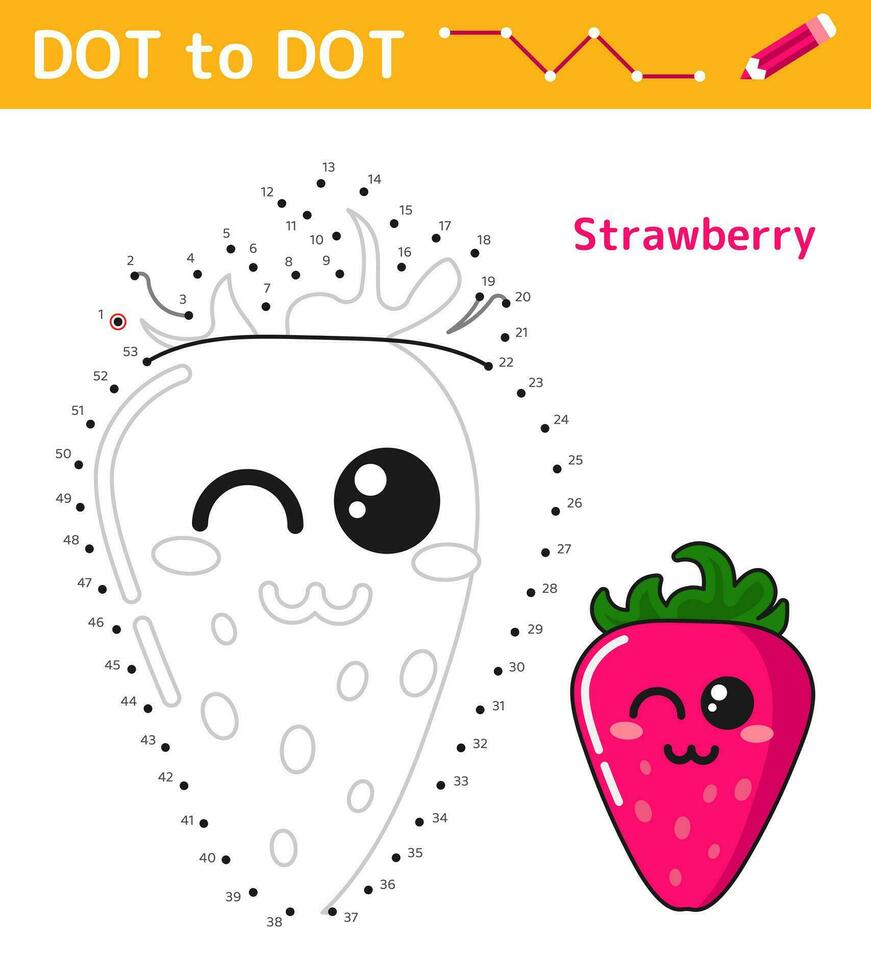 Dot to dot. Numbers game. Education math game for children. Drawing task for kids. Colored worksheet with cute cartoon strawberry. Leisure games. Vector illustration.