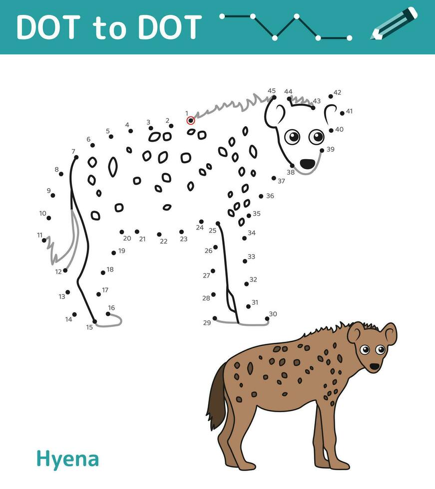 Dot to dot. Numbers game. Education math game for children. Drawing task for kids. Colored worksheet with cute cartoon hyena. Leisure games. Vector illustration.
