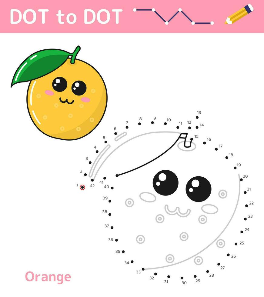 Dot to dot. Numbers game. Education math game for children. Drawing task for kids. Colored worksheet with cute cartoon orange. Leisure games. Vector illustration.