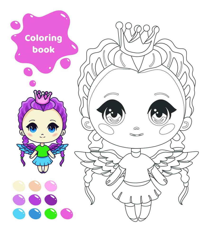 colorante libro para niños. hoja de cálculo para dibujo con dibujos animados anime muchacha. linda hada con corona y alas. colorante página con color paleta para niños. vector ilustración.