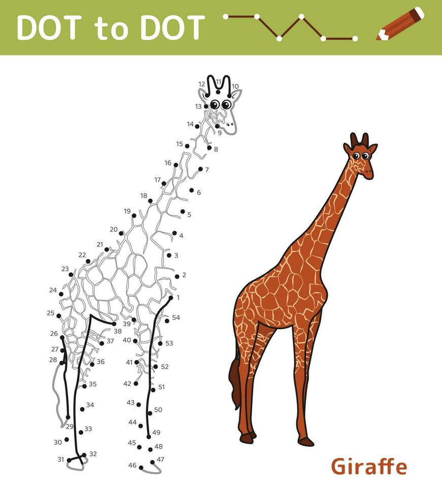 Dot to dot. Numbers game. Education math game for children. Drawing task for kids. Colored worksheet with cute cartoon giraffe. Leisure games. Vector illustration.