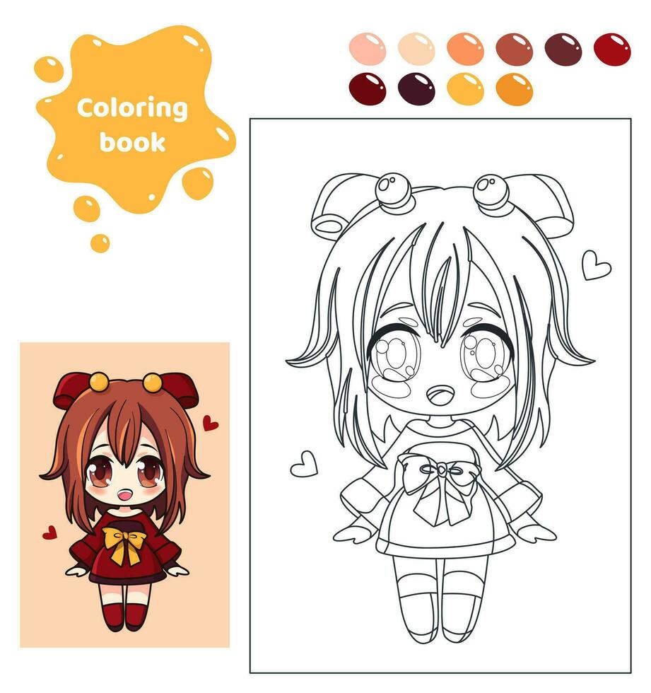 Coloring book for kids. Worksheet for drawing with cartoon anime girl. Cute schoolgirl in school uniform. Coloring page with color palette for children. Vector illustration.