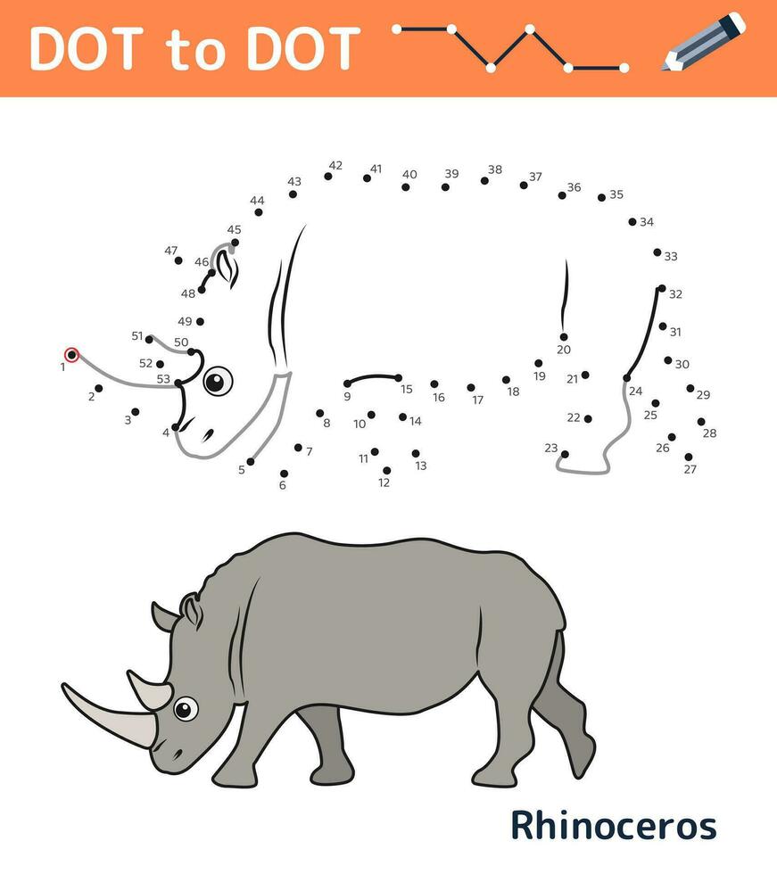 Dot to dot. Numbers game. Education math game for children. Drawing task for kids. Colored worksheet with cute cartoon rhinoceros. Leisure games. Vector illustration.