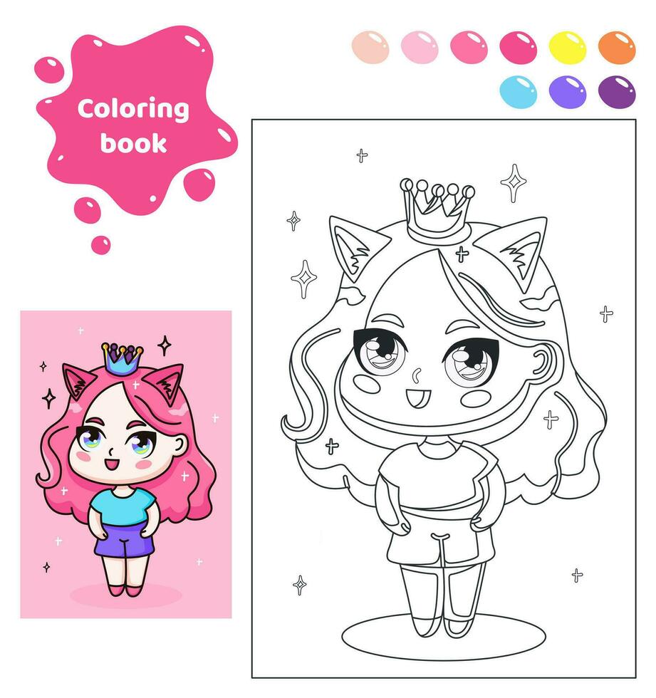 Coloring book for kids. Worksheet for drawing with cartoon anime girl. Cute princess with crown and pink hair. Coloring page with color palette for children. Vector illustration.