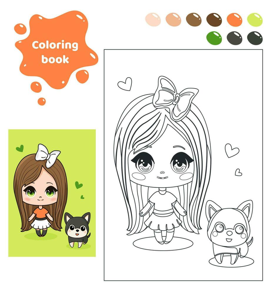 Coloring book for kids. Worksheet for drawing with cartoon anime girl. Cute child with dog. Coloring page with color palette for children. Vector illustration.