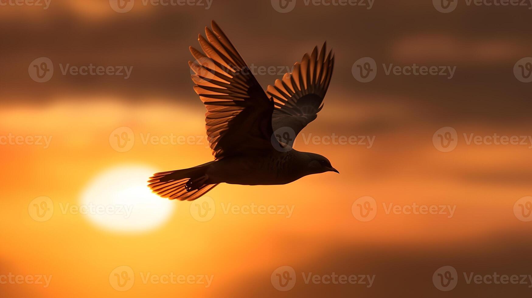 Bird Flying on Sunset Sky AI Generated photo