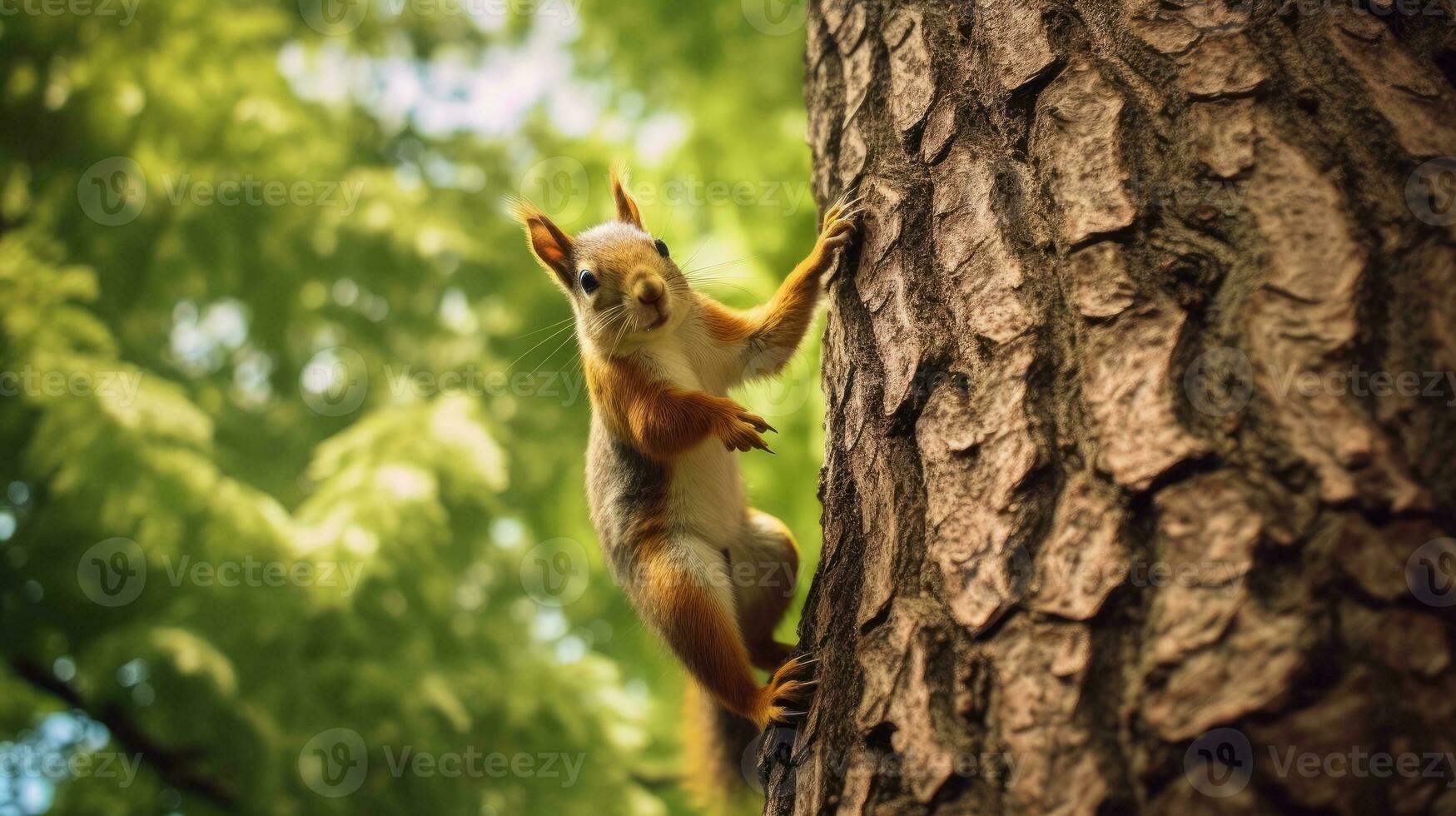 ardilla alpinismo un árbol ai generado foto