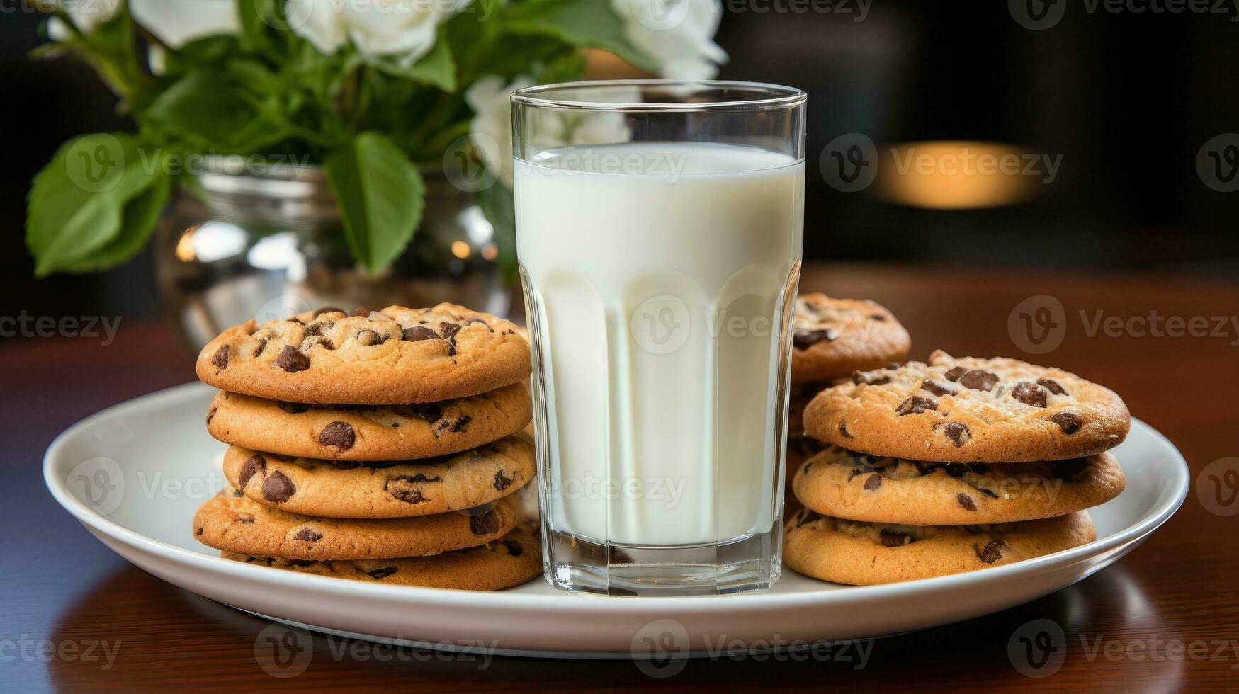 Cookies in plate and glass of milk AI Generated photo