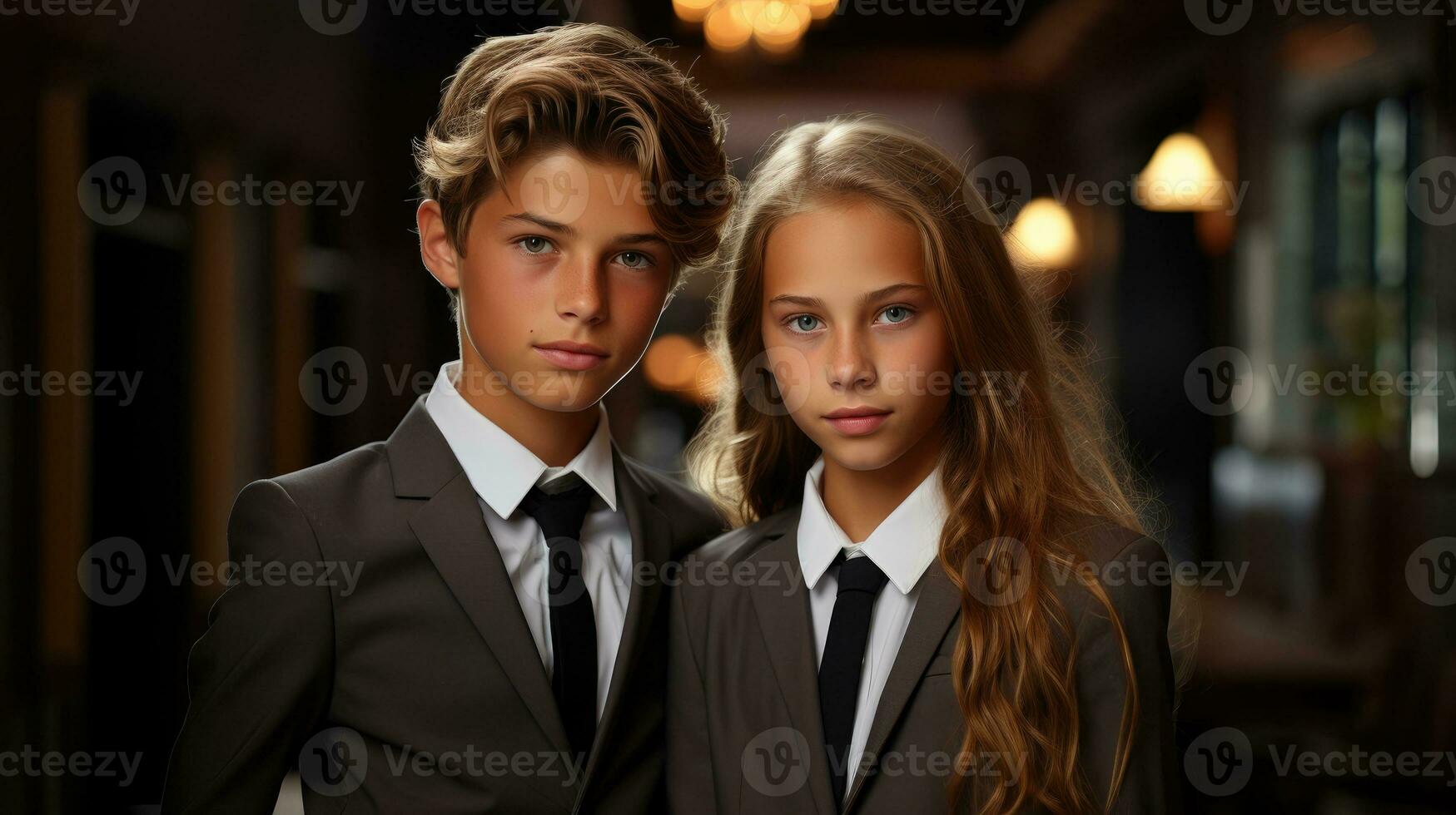Handsome boy and cute girl in a suit AI Generated photo