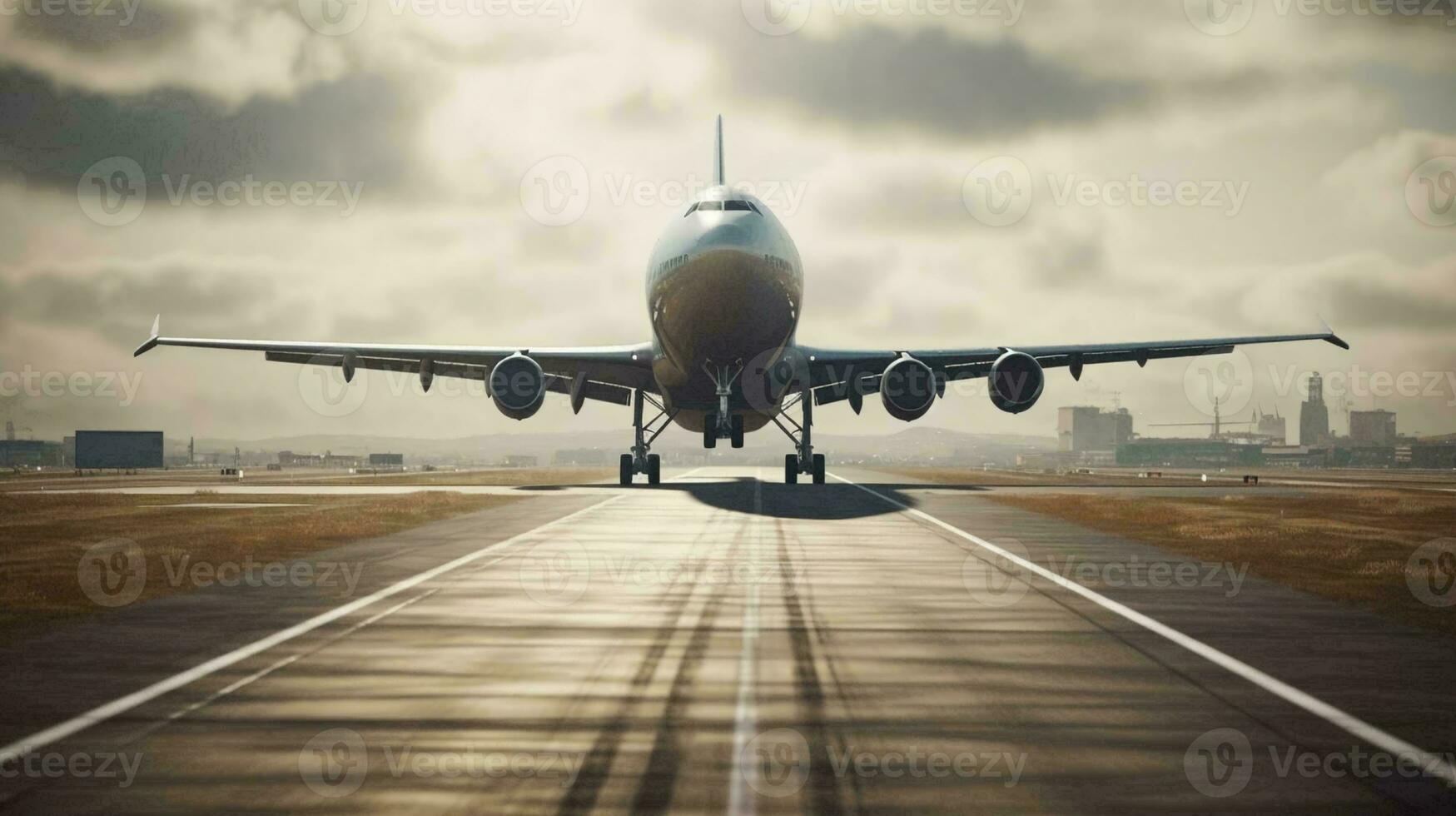 A large plane takes off on the runway. The concept of passenger and cargo aviation. AI generated photo