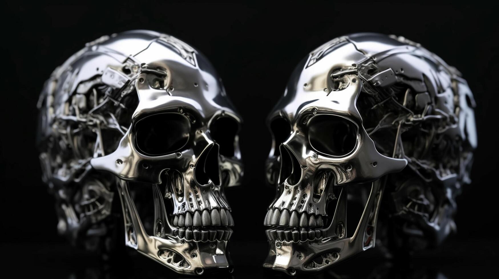 Two metallic shiny iron futuristic hi-tech skulls of cyborg robots looking at each other on a black background. AI generated photo