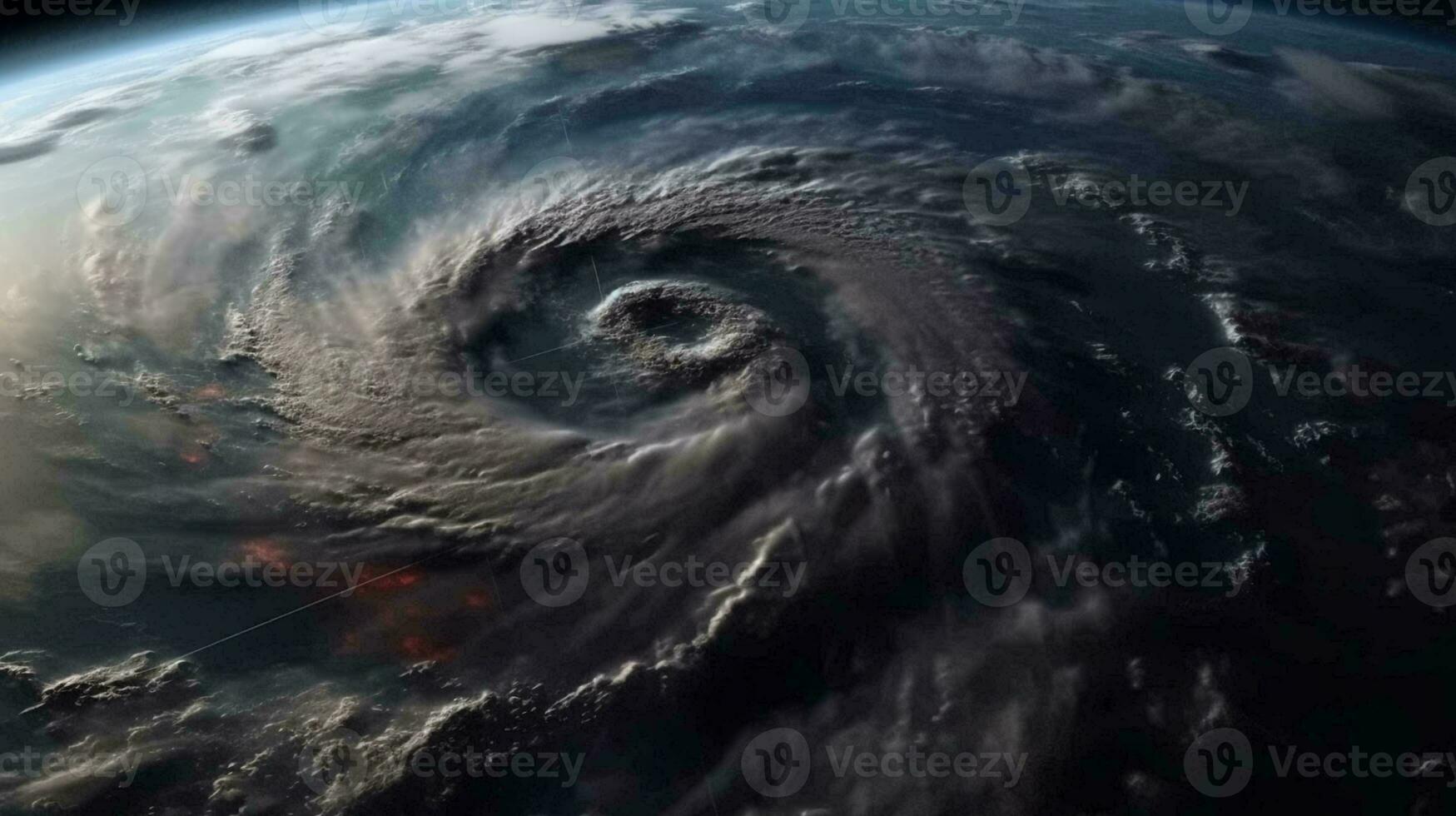 View from space from above on a hurricane tornado swirl of clouds and wind, a storm front of bad weather and natural disaster. AI generated photo