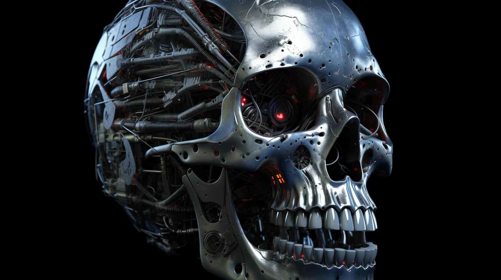 Metal shiny iron futuristic high tech cyborg robot skull on black background. photo