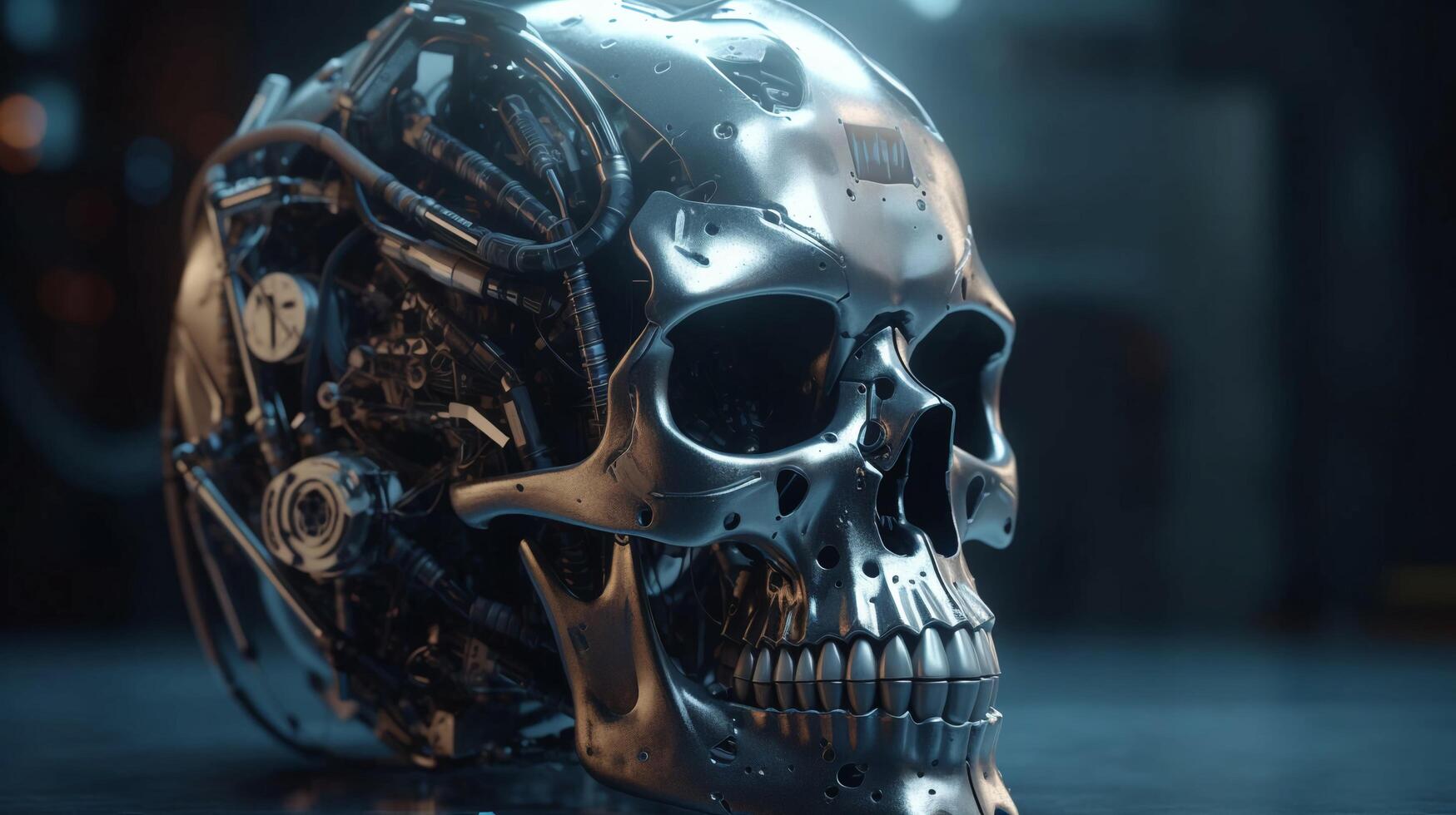 Metal shiny iron futuristic high tech cyborg robot skull. AI generated photo