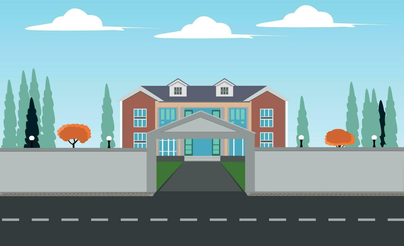 School building. Education college architecture. School building on city background. Old schoolhouse exterior, return to study. Back to school concept. Vector illustration university building.