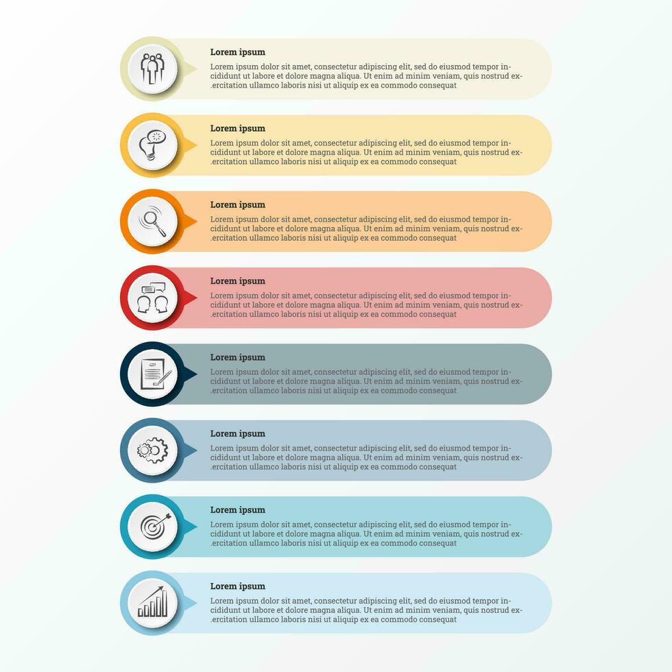 Infographic that provides a detailed report of the business, divided into 8 topics. vector