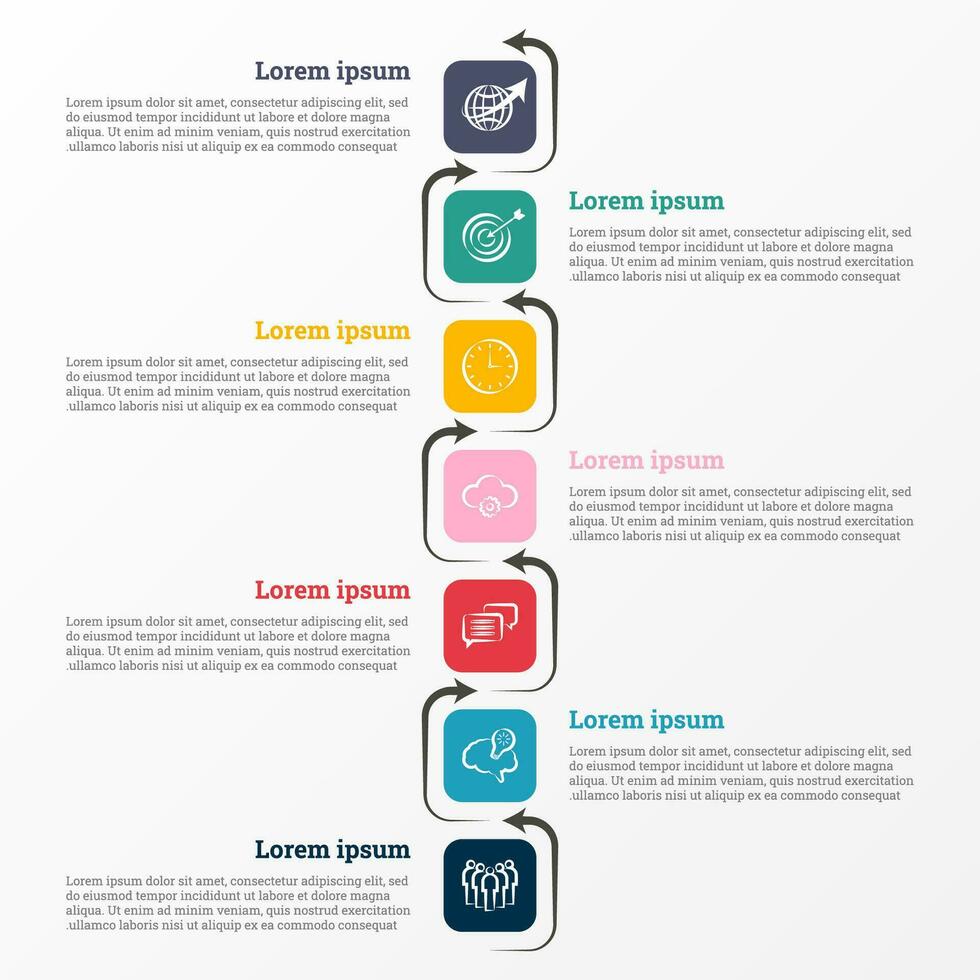 Infographic that provides a detailed report of the business, divided into 7 topics. vector