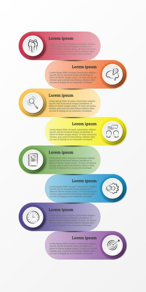 Infographic that provides a detailed report of the business, divided into 8 topics. vector