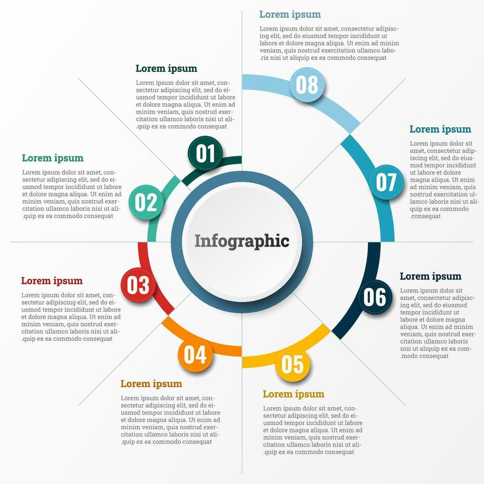 Infographic that reports about the workflow in each step with a total of 8 topics. vector