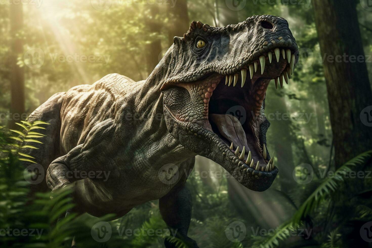 tiranosaurio rex es rugido en bosque y ligero haz . creado por generativo ai . foto