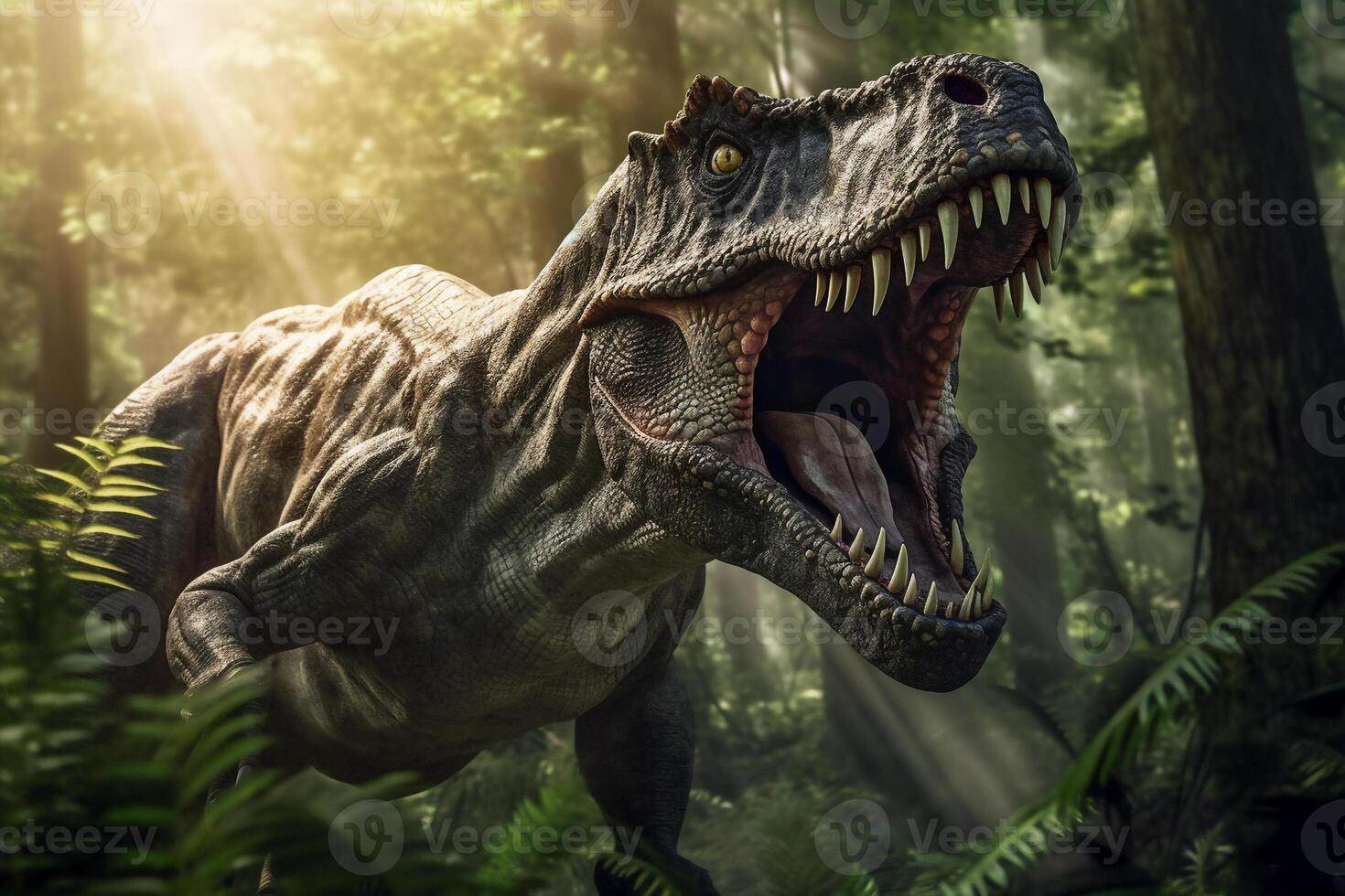 Tyrannosaurus rex is roaring in forest and light beam . Created by . photo