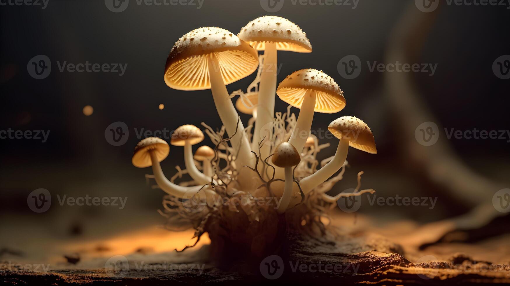 Mushroom with light beam . Created by generative AI . photo