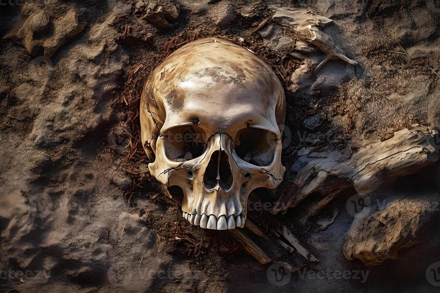 Skull of human was buried in soil . Created by . photo