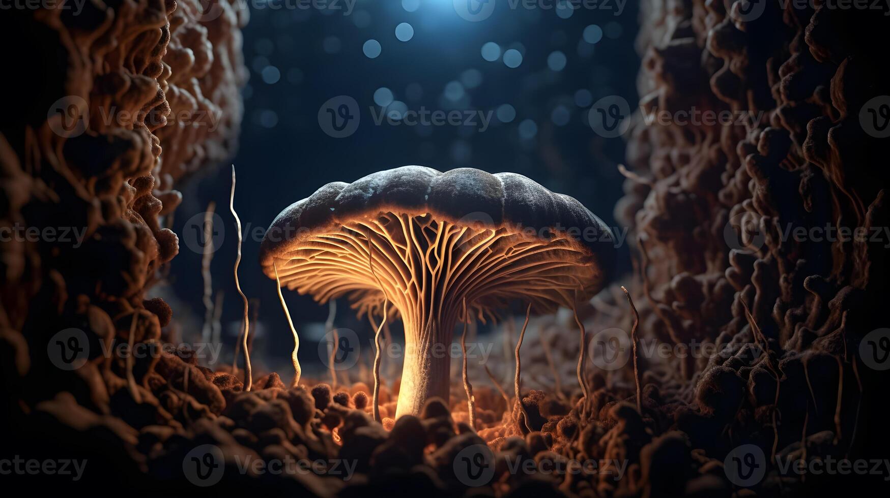 Mushroom with light beam . Created by . photo