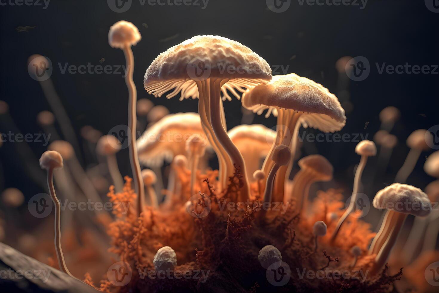 Mushroom with light beam . Created by generative AI . photo