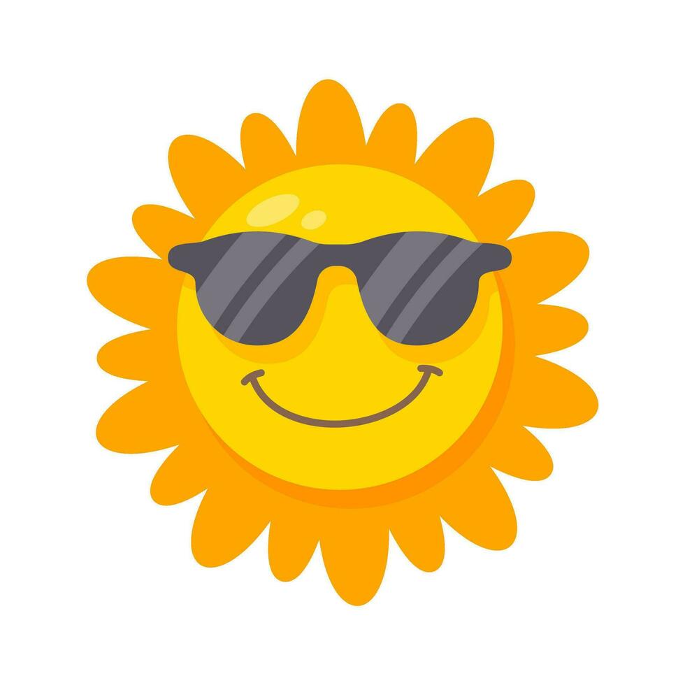 smiling sun cartoon wearing sunglasses summer travel concept protection from sun rays vector