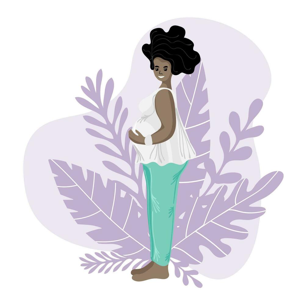 African american pregnant woman, future mom hugging belly with arms. Happy and healthy pregnancy concept vector