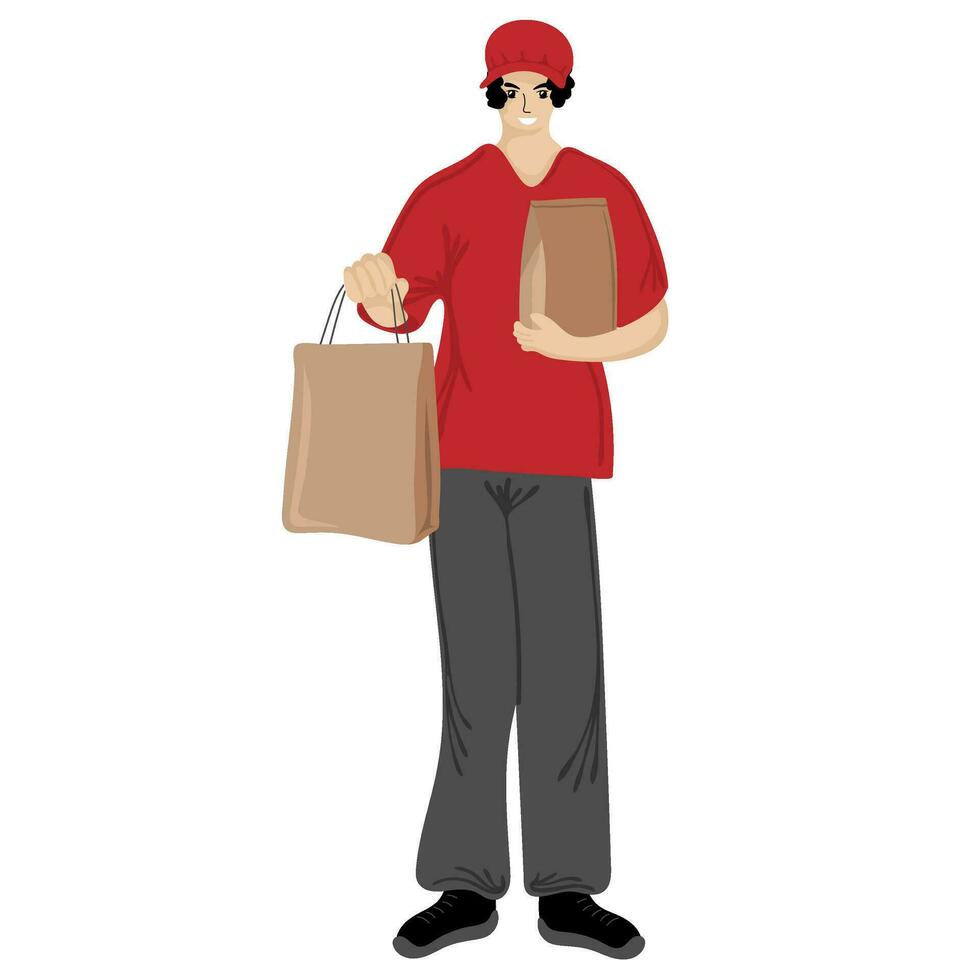 Smiling man in red uniform from courier delivery services holding paper bags. Delivery service concept vector