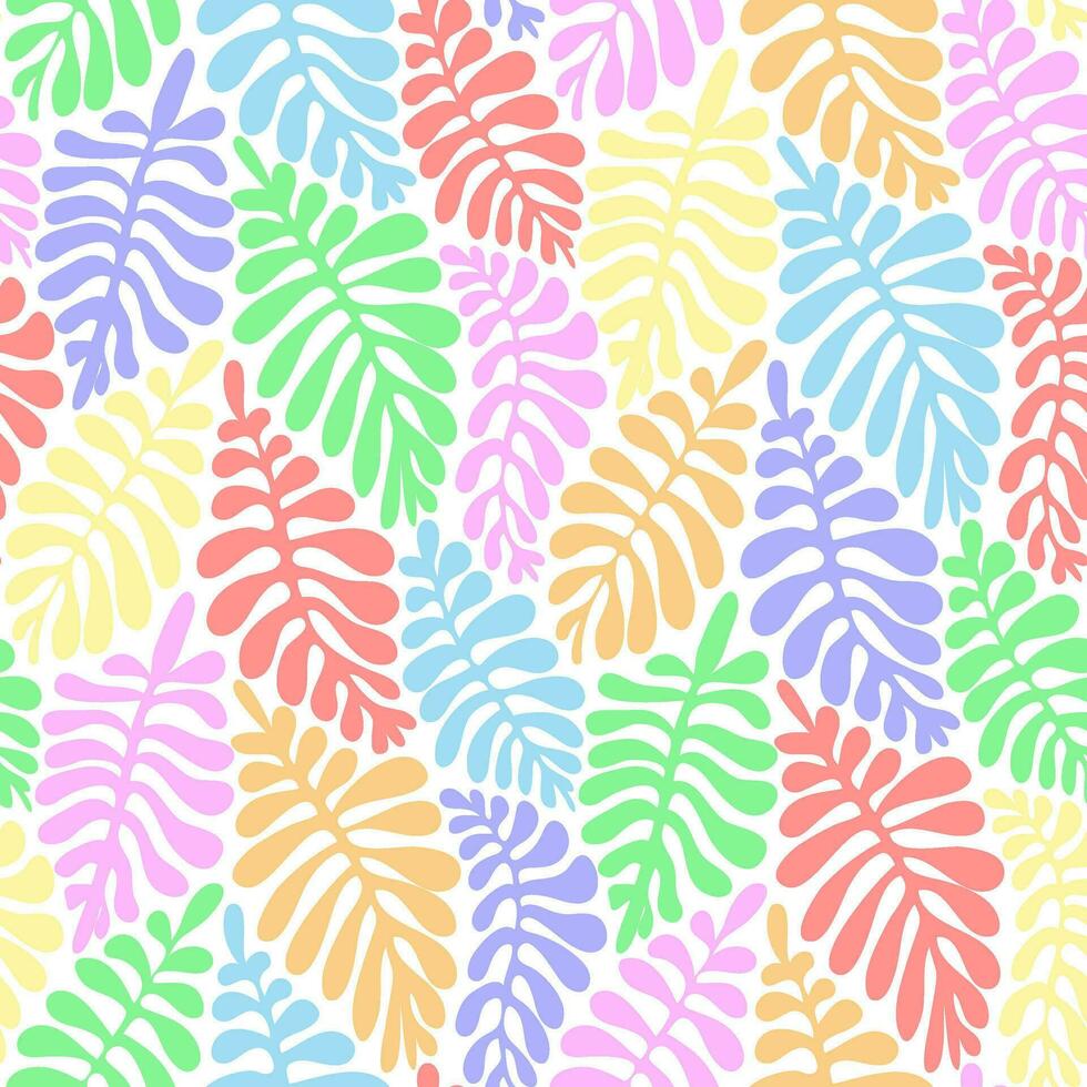 Aesthetic contemporary printable seamless pattern with leaves in pastel rainbow colors. Modern floral background for textile, fabric, wallpaper, wrapping, gift wrap, paper, scrapbook vector