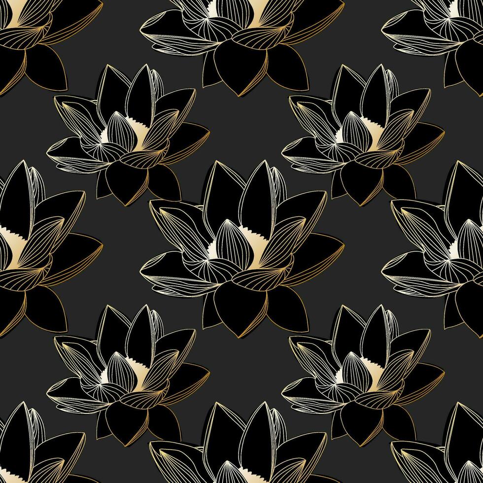 Seamless pattern with golden lotus flowers om  dark background. Luxury floral background for textile, fabric, wallpaper, wrapping, gift wrap, paper, scrapbook and packaging vector