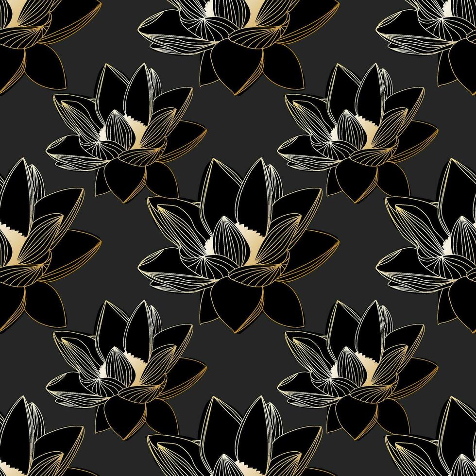 Seamless pattern with golden lotus flowers om  dark background. Luxury floral background for textile, fabric, wallpaper, wrapping, gift wrap, paper, scrapbook and packaging vector