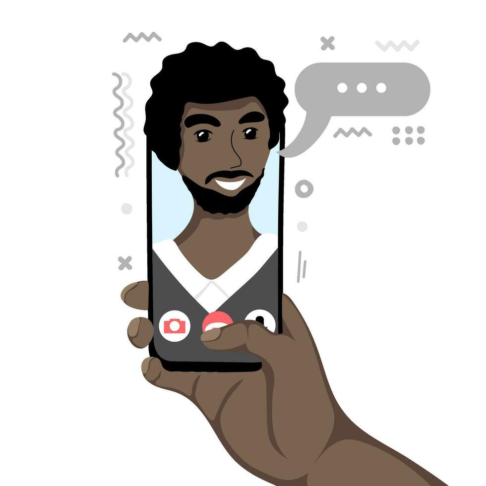 Female hand holding smartphone with afro-american boyfriend on screen. Video call and chat concept vector