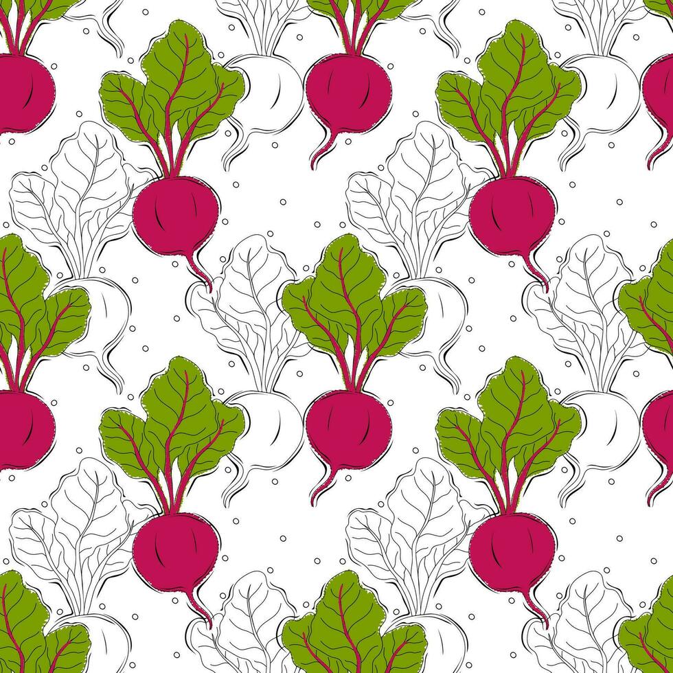 Beet seamless pattern. Nourishment and healthy eating, beetroot with leaves. vector