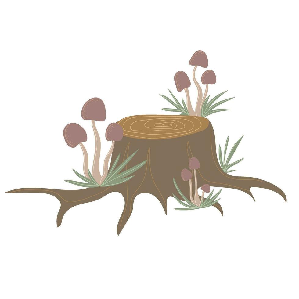 Simple tree stump with mushroom. Hand drawn stylized element for autumn decorative design vector