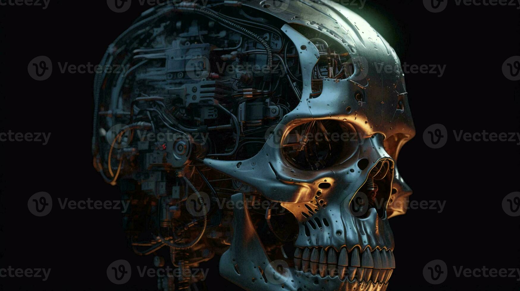 Metal shiny iron futuristic high tech cyborg robot skull on black background. AI generated photo