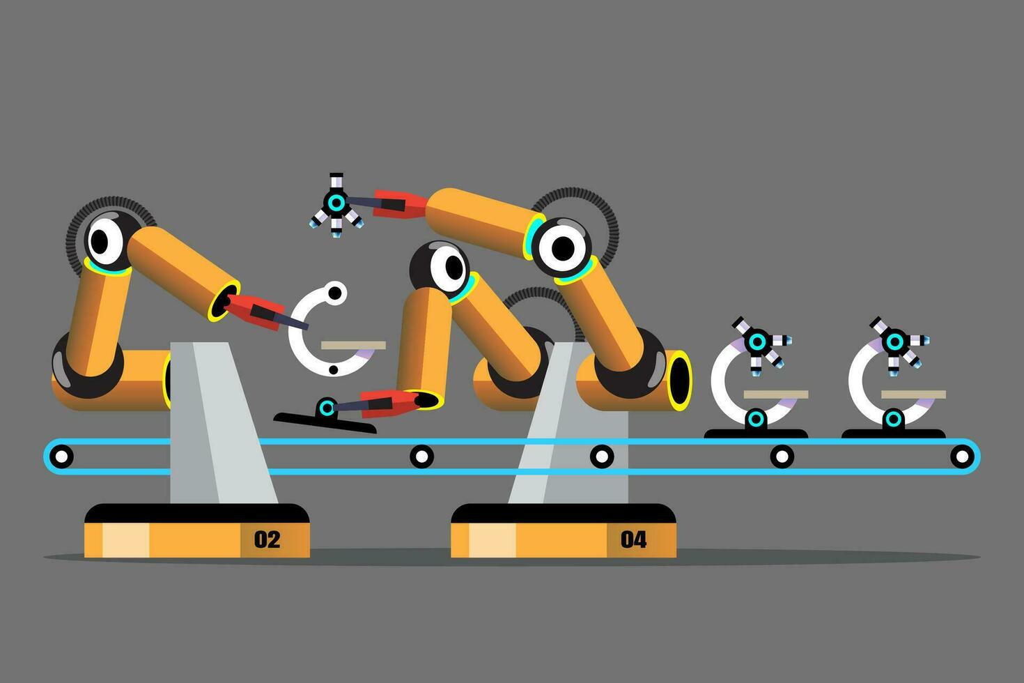 Medical equipment assembly robot in the medical industry. Robot manipulator on the conveyor belt. Vector illustration.