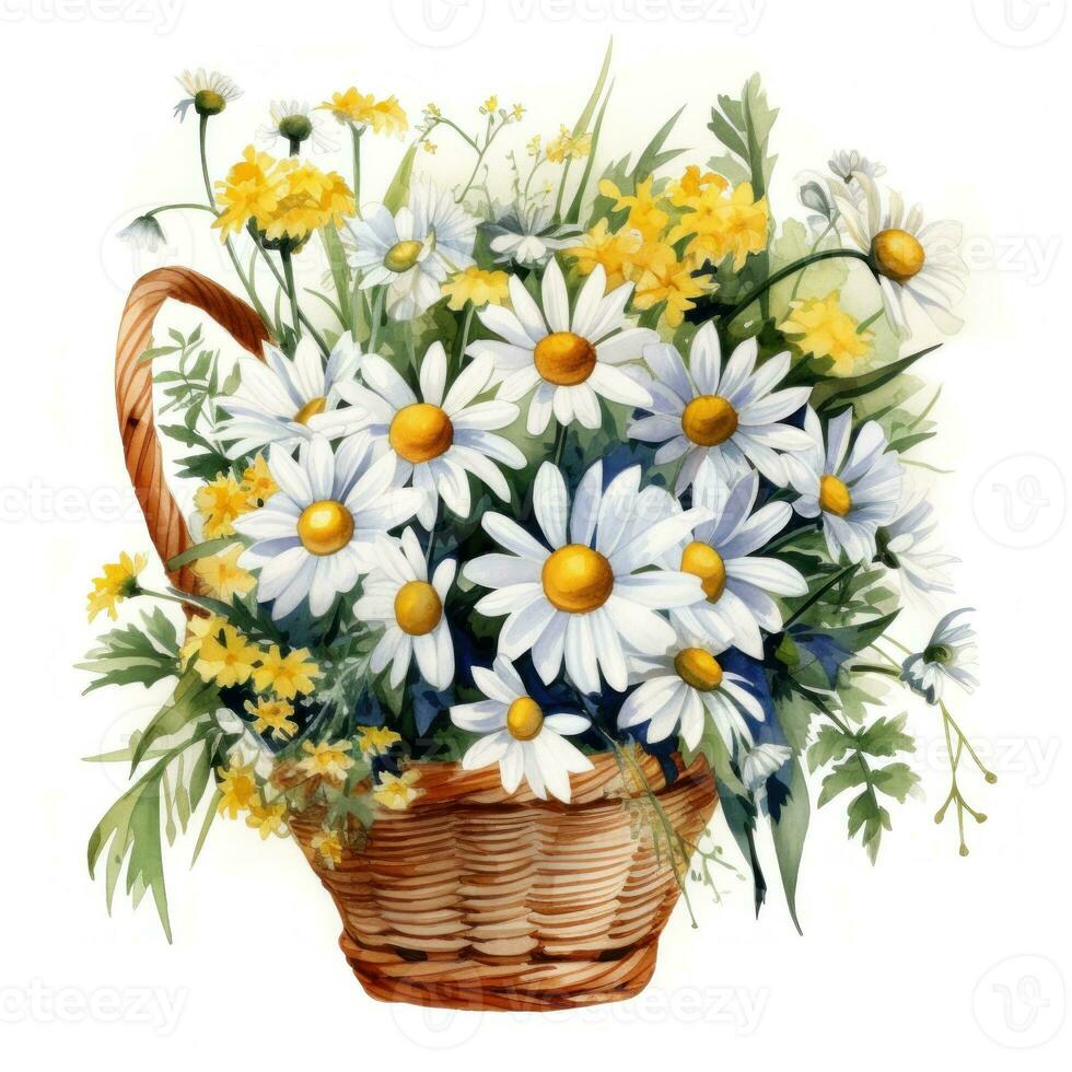 Watercolor chamomile flowers bouquet isolated photo