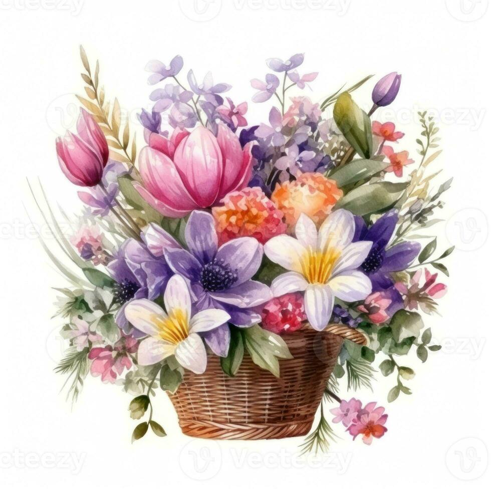 Watercolor spring flowers bouquet isolated photo